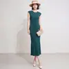 Vestido sin mangas estilo francés para mujer, elástico, resistente a las arrugas, corte ajustado, bodycon, vestido largo de cola de pez, elegante vestido plisado de alta gama