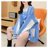 Nova fivela de cor malha cardigan outono e inverno moda solta plus size V-neck contraste cor design suéter feminino all-match casaco