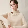 Nuevo Suéter de Cachemira Pullover de Cuello Alto Estilo Sencillo para Mujer Otoño Invierno Moda Decoración de Botones Prendas de Punto Suéter de Lana