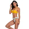 Moda Praia Internacional 2021 Europeia e Americana Comércio Exterior Moda Bikini com Alça Estreita Estampado de Ombro em V Cintura Alta Pequena