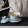Cerámica Esmaltada Celadón de las Dinastías Tang y Song, Juego de Tres Piezas con Tapa, Juego de Té en Color Azul Cielo, Tazón Grande para Té Ceremonial