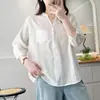 Camisa de algodón con bordado jacquard, corte ajustado, cuello en V, manga tres cuartos, nuevo top versátil estilo coreano de verano para mujer