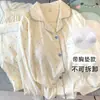 Pijama de Algodão Nuvem para Primavera e Outono Feminino, Conjunto Minimalista com Gola de Renda, Xadrez Azul Claro, Modelagem Solta, Tamanho Grande, Calça de Manga Longa, Roupa de Casa