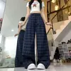 Pantalones casuales holgados de cuadros azules de cintura baja estilo retro americano para hombres y mujeres, estilo casual, pantalones de pierna ancha rectos adelgazantes de longitud de piso, modernos