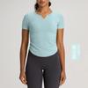 Camiseta deportiva de verano de manga corta para mujer, ajustada, con cuello en V, plisada, con almohadilla para el pecho, para correr, deportes y yoga.