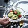 Prato de Vidro Dourado com Pontos de Pérola Estilo Europeu, Prato para Comida Ocidental Doméstica, Conjunto Completo de Louças de Alto Padrão para Salão de Casamento de Hotel