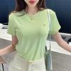 Camiseta feminina de manga curta com decote redondo e estampa Smiley, camiseta feminina de verão adorável, com ombros combinados, elástica, manga curta, slim fit, atacado