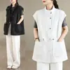Foto real del chaleco modelo nuevo 2026, estilo casual europeo y coreano, cuello alto, botones ocultos, cintura con cordón, top chaleco sin mangas