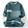 Suéter de Punto para Hombre de Cuello Alto Parcial con Bloques de Color, Patrón Geométrico y Punto Trenzado en el Codo, Top Grueso Casual Holgado