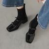 Botas Cortas Elásticas de Piel de Vaca Gamuzada con Costuras, Estilo Dulce y Femenino Artístico con Lazo, Punta Cuadrada, Tacón Medio Grueso 2025