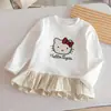 Camiseta Longa Estilo Coreano para Meninas, Nova Blusa de Bordado de Gato Cartoon Primavera/Outono, Roupas Infantis Xadrez Fresco com Renda 3