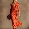 Vestido Transfronteiriço Novo Estilo com Decote em V e Mangas Longas com Elementos de Impressão Digital 3D, Saia Fashion e Personalizada para Marcar a Cintura Feminina