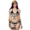 Bikini de triángulo oscuro sexy y caliente con estampado de letras, cuello halter con cordón y diseño realzador de busto para mujer