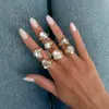 Nuevo Set de Anillos Abiertos con Incrustaciones de Lava y Pedrería Europeos y Americanos Transfronterizos Set de Anillos con Textura Retro y Forma de Gota de Agua Accesorios para Anillos