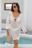 Vestido de Praia Transfronteiriço Tricotado Vazado Decote V Argola Manga Longa Sexy Saída de Praia Vestido Longo com Proteção Solar para Mulheres