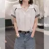 Top de Bloques de Color de Moda que Disimula el Vientre con Cuello Polo, Camisa de Punto de Manga Corta Talla Grande para Mujer, Estilo Adelgazante de Verano, Modelo Delgado Versátil