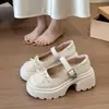 Sapatos Plataforma Mary Jane de Solado Grosso Feminino Verão Novo Estilo Laço Tira Única Boca Rasa Sapatilhas Versáteis Pequenos Sapatos de Couro