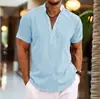 Camisa Masculina de Manga Curta Estilo Europeu e Americano para o Verão, Camisa Masculina Meio Aberta de Cor Pura com Gola Alta, Manga Curta de Linho
