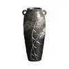 Vaso de Cerâmica Grossa com Duas Alças, Esmalte Manchas Queimado em Forno, Design Original Pintado à Mão com Juncos, Recipiente Rústico para Arranjo de Flores, Nova Decoração para Sala de Chá Estilo Zen Chinês