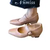 Zapatos Mary Jane suaves de piel de oveja estilo francés, que aumentan la altura discretamente, para mujer, hebilla metálica poco profunda, zapatos de vestir cuadrados elegantes para ir al trabajo