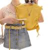 Conjunto de Verão para Meninas 2025 Novo Estilo de Verão Blusa Regata com Manga Flare Infantil Camiseta Saia Jeans Curta Saia Calça Casual Versátil