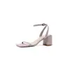 Sandálias Femininas de Salto Alto com Tira de Fivela em Couro Genuíno Estilo Francês Simples Bico Quadrado Salto Baixo Chic Moda Abertas nos Dedos Sapatos Femininos Primavera e Verão