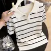 Top de Punto a Rayas Patchwork con Cuello Solapa de Manga Corta, Moda Estilo Coreano para Mujer, Nuevo Modelo Verano 2026, Parte Superior de Atuendo Súper Elegante