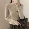 Suéter de Tricô Macio com Botões e Gola Meia-Alta Andy de Veludo para Mulheres Outono Inverno Simples de Manga Longa Camada Base Roupa de Baixo Suéter