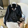 Estilo nuevo de otoño elegante cuello de traje bordado pesado manga larga gasa blusa top para mujer elegante negro