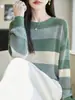 Suéter de punto a rayas de bloques de color con cuello redondo para mujer, tejido a rayas de color retro, top de punto, holgado, adelgazante, manga larga para primavera y otoño, capa base