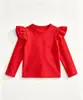 Blusa de Algodão Puro com Manga Longa e Babados, Cor Sólida, Gola Redonda, Estilo Novo para Meninas na Primavera e Outono, para Crianças Pequenas e Maiores