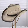 Sombrero vaquero de paja tejida con diseño calado estilo retro americano para hombre y mujer, sombrero vaquero versátil para protección solar de verano
