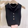 Camisole de malha com gola polo cor de damasco para mulheres, suéter fino de seda gelada de verão, slim fit, sem mangas, curto