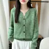 Cardigan floral de fio puro de lã estilo coreano suave para mulheres, novo suéter de tricô quente com botões, solto e espesso para outono e inverno