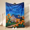 Manta de franela floral con diseño de niña girasol y cielo estrellado transfronteriza, manta tipo plaid estilo cielo estrellado de Van Gogh, manta para siesta