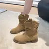 Botines de cuero suave estilo retro francés con tacón grueso y plisados para mujer, nuevos de otoño 2026, botas cortas vaqueras occidentales adelgazantes