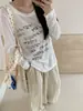 Toma real~ Principios de otoño, ligeramente translúcida a la luz del sol, camiseta de manga larga con estampado de letras para mujer, cuello redondo, fina, estilo coreano, adelgazante, camiseta protectora del sol