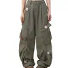 Pantalones de Trabajo Bordados Florales Verdes Estilo Coreano Retro Americano para Verano 2026 con Diseño de Pierna Ancha Recta de Cintura Alta