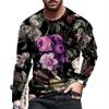 Camiseta Masculina de Manga Longa com Gola Redonda Transfronteiriça Estampa Digital Tecido de Malha Rosa Marca de Moda Tamanho Grande Camiseta Longa Estação Independente