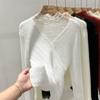 Malha de Base com Renda Costurada Malha Feminina Outono e Inverno Novo Design Top de Manga Longa de Veludo de Visão