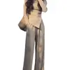 Top Irregular de Color Sólido Ajustado Moda Femenina Versátil Traje para Mujer Primavera y Otoño Pantalones de Pierna Ancha de Cintura Alta Conjunto Casual de Dos Piezas