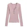 Camiseta de Manga Larga con Botones, Cuello en V Profundo, Corte Ajustado, Estilo Otoño Nuevo, Camiseta Básica Versátil y Elegante, Top Corto de Moda
