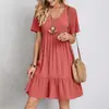 Verão 2023 Roupa Feminina Europeia e Americana Transfronteiriça Amazon Vestido Fluido Casual Soltinho de Manga Curta com Amarração na Cintura
