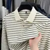 Camiseta masculina clássica listrada com trama torcida e listras, para outono e inverno, manga longa, blusa masculina com gola, polo masculina de manga longa