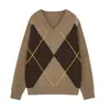Suéter de tricô de manga comprida com padrão de losangos color-blocking estilo preguiçoso outono e inverno novo pulôver casual solto afina a silhueta suéter base para mulheres