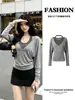 Cubierta gris, cuello halter, conjunto de dos piezas, top de manga larga de otoño estilo coreano para mujer, un atuendo sofisticado e intelectual, conjunto completo