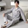 Cardigã feminino de atacado, pijama de algodão com mangas compridas e calças compridas, roupa casual de casa masculina de outono, adequada para casais usarem fora.