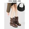 Botas Vaqueras Occidentales Nuevas Otoño 2025 para Mujer Botas Martin de Pila Plisada Negro Moda Retro Tacón Grueso Botas para Pantalón