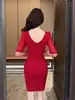 Vestido de Malla Patchwork con Cuello en V para Mujer, Ceñido a la Cintura, Adelgazante, Falda Corta que se Ajusta a las Caderas, Estilo Elegante y Maduro, Falda con Abertura Inspirada en el Diseño para Mujer