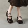 Sapatos Femininos de Couro Genuíno, Estilo Britânico Muito Artístico e Texturizado, Modelo Mary Jane de Botão Duplo, Bico Redondo Vazado Esculpido, Coleção Primavera 2025